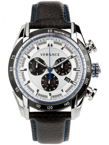 Men's Versace V-Ray White Dial Chronograph Black Leather Strap Watch VBD010014