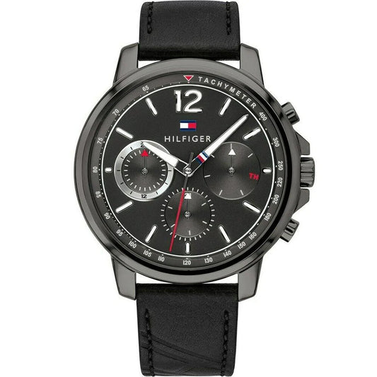 Mens Tommy Hilfiger Black Chronograph Leather Strap Watch 1791533