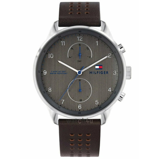 Mens Tommy Hilfiger Grey Chronograph Dial Brown Leather Strap Watch 1791579