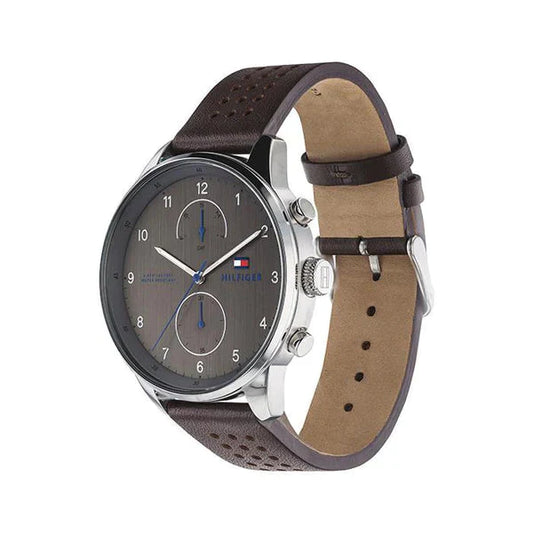 Mens Tommy Hilfiger Grey Chronograph Dial Brown Leather Strap Watch 1791579