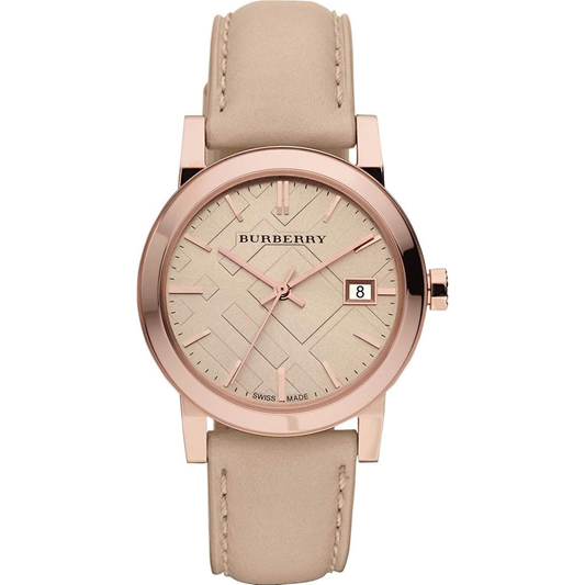 Ladies Burberry The City Rose Gold Leather Strap Watch BU9014