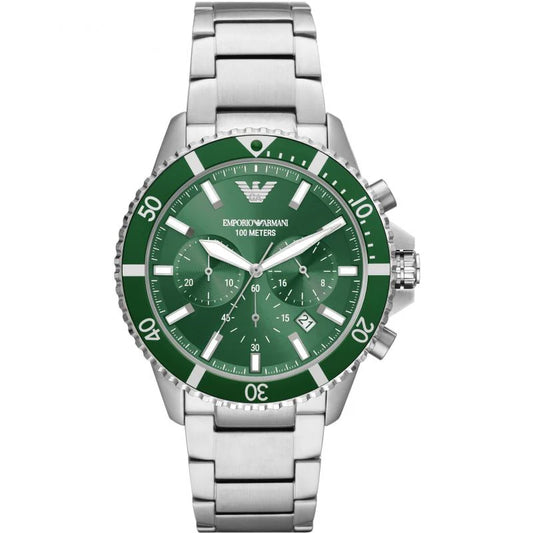 Men’s Emporio Armani Diver Green Dial Chronograph Stainless Steel Watch AR11500