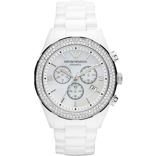 Ladies Emporio Armani White Ceramic Chronograph Watch AR1456