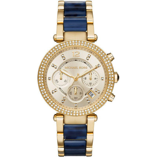 Ladies Michael Kors Parker Gold & Blue Tortoise Stainless Steel Chronograph Watch MK6238