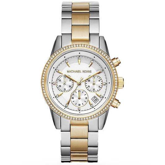 Ladies Michael Kors Ritz Silver & Gold Chronograph Stainless Steel Watch MK6474