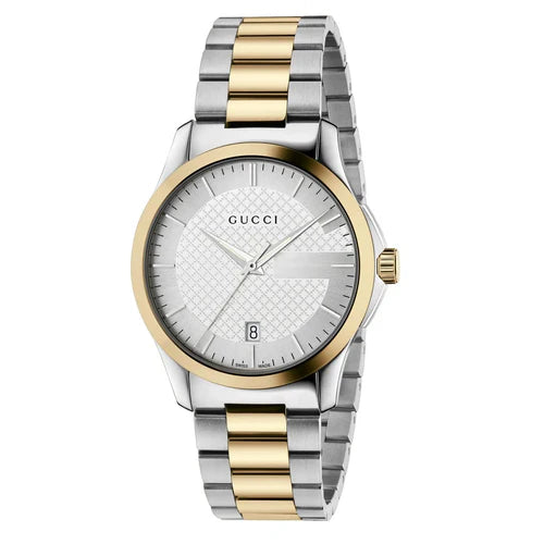 Men's Gucci G-Timeless Silver & Gold Two Tone G Shaped Dial Watch YA126450