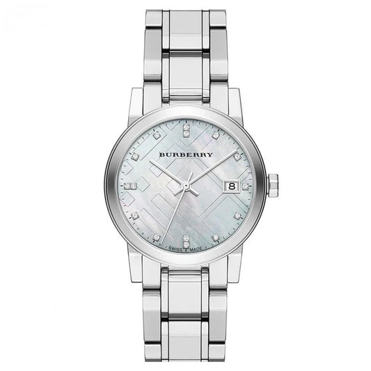 Ladies Burberry Silver Stainless Steel Diamond Mother Of Pearl Dial Watch BU9125