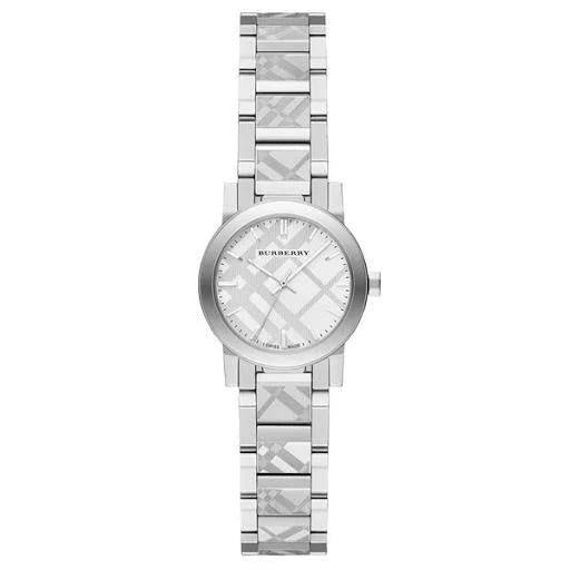 Ladies Burberry The City Engraved Checkered Pattern Silver Stainless Steel Watch BU9233