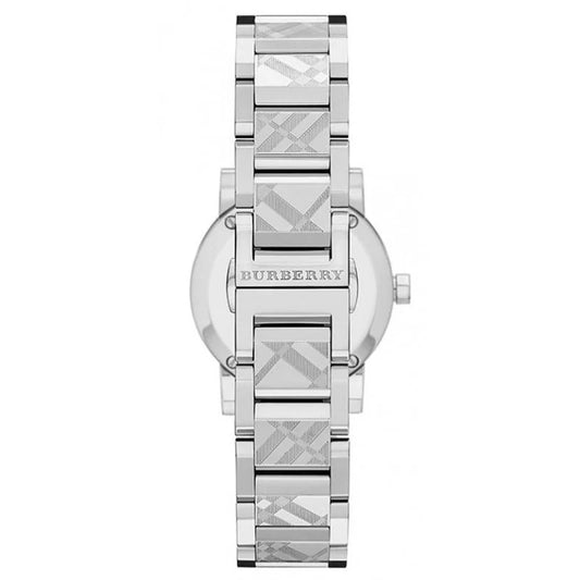 Ladies Burberry The City Engraved Checkered Pattern Silver Stainless Steel Watch BU9233