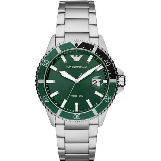 Men’s Emporio Armani Diver Green Dial Green Black Case Stainless Steel Watch AR11338