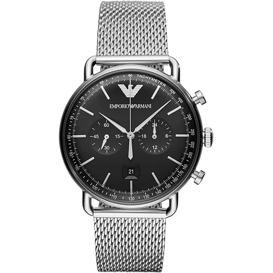 Men’s Emporio Armani Aviator Silver Mesh Strap Chronograph Watch AR11104