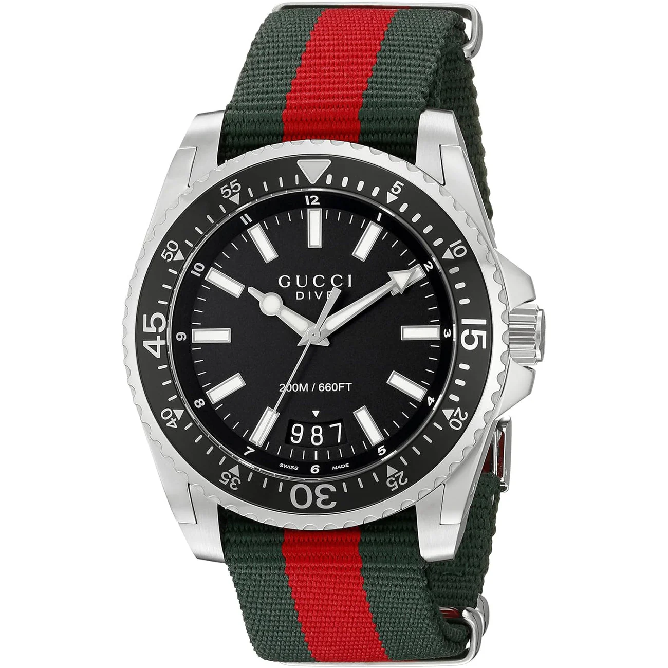 Men's Dive Gucci Black Dial Green & Red Nylon Strap Watch YA136206