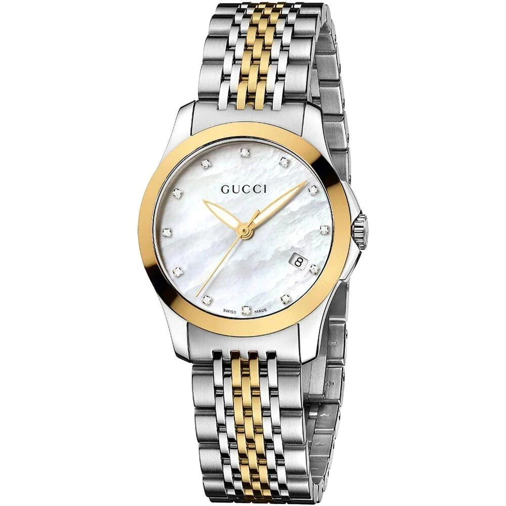 Ladies G-Timeless Gucci Two Tone Gold Plated And Silver Mother Of Pearl Diamond Dial Watch YA126513