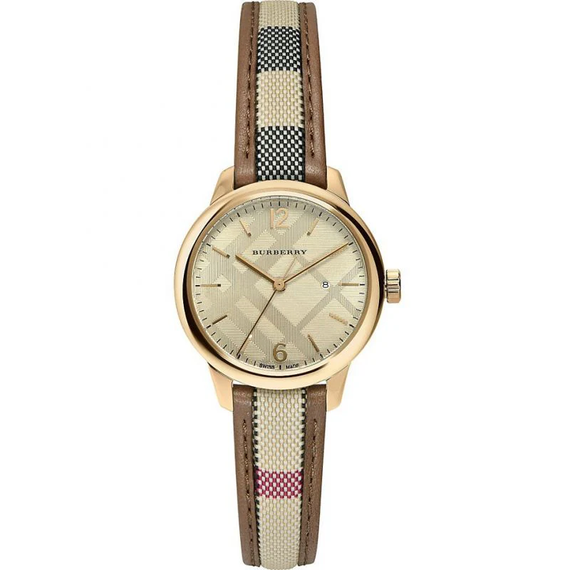 Ladies Burberry Nova Brown Check Leather Strap Watch BU10114