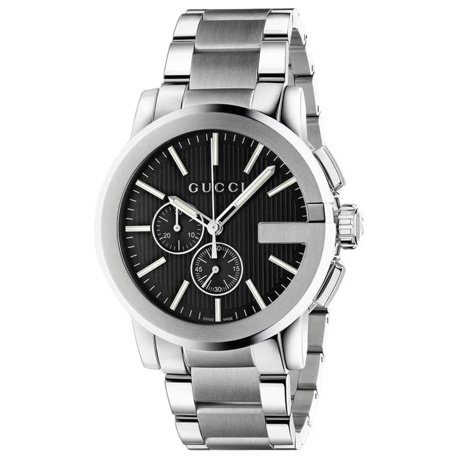 Men's G-Chrono Gucci Black G Shaped Dial Chronograph Silver Stainless Steel Strap Watch YA101204