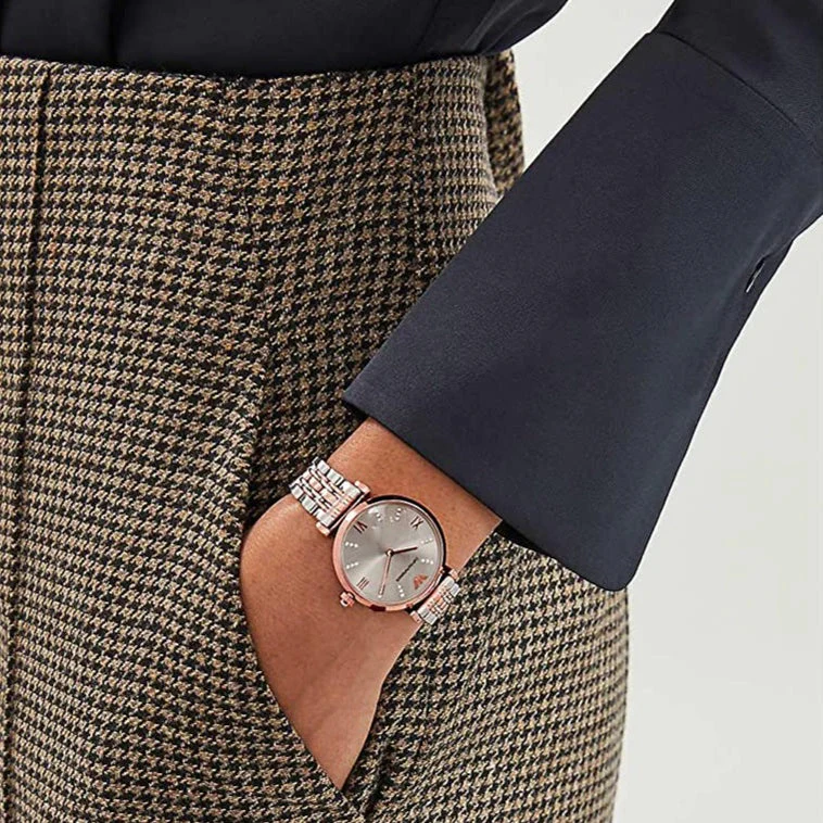 Ladies Emporio Armani Two Tone Silver And Rose Gold Sunray Dial Stainless Steel Watch AR1840