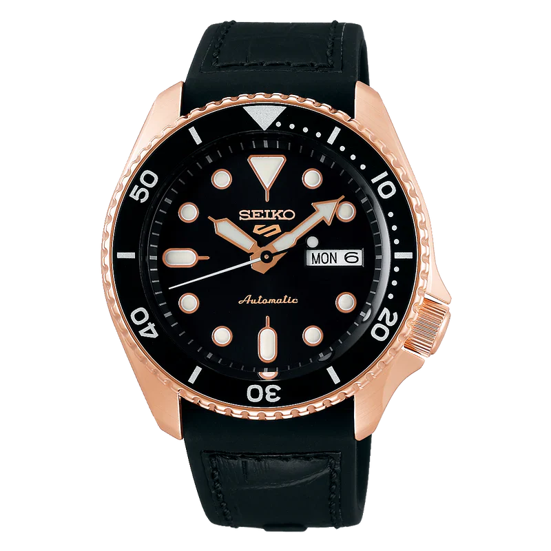 Men’s Seiko 5 Sports Black Leather Silicone Hybrid Black Dial Automatic Watch SRPD76K1